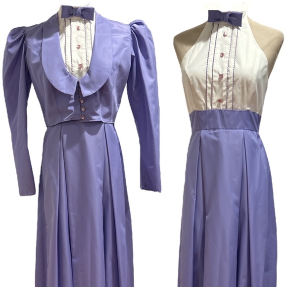 NWOT 70s 2PC VICTORIAN INSPIRED LAVENDER & WHITE MAXI HALTER DRESS & BOLERO 10 - Picture 10 of 11